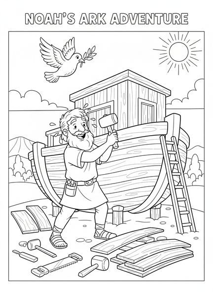 Noah arbeitet an der Arche, Ausmalbild mit biblischen Blumen für Kinder im Alter von 5-10 Jahren