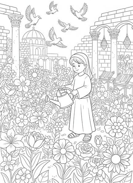 Kind, das Blumen gießt, Ausmalbild mit biblischen Blumen für Sonntagsschulkinder im Alter von 5-12 Jahren