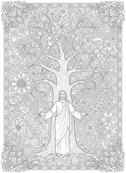 Jesus amaldiçoando a figueira, página de colorir da figueira para adultos no estilo de journaling bíblico.