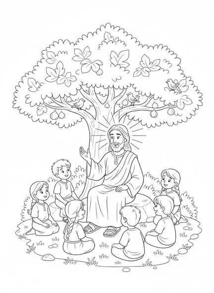 Jesus lehrt unter einem Feigenbaum, Ausmalbild Feigenbaum für Kinder im Alter von 5-10 Jahren