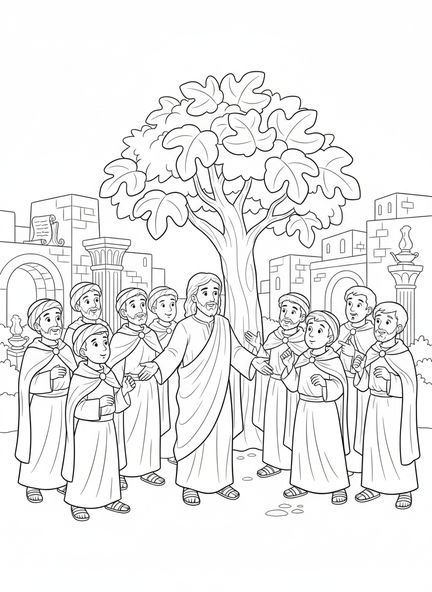 Jesus geht auf einen Feigenbaum zu, Ausmalbild Feigenbaum für Sonntagsschulkinder im Alter von 5-12 Jahren