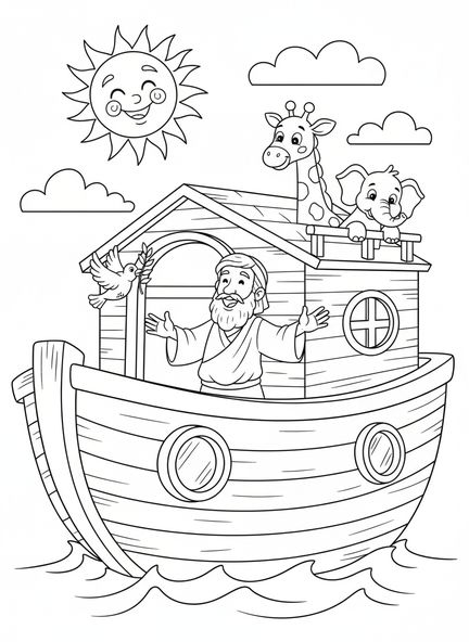 Noah beobachtet die Taube, Friedensmalvorlage mit Olivenzweig für Kinder im Alter von 5-10 Jahren