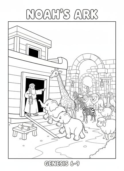 Elefanten und Giraffen besteigen die Arche, Friedensmalvorlage mit Olivenzweig für Sonntagsschulkinder im Alter von 5-12 Jahren.