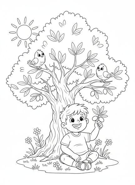 Fröhlicher Junge unter einem Olivenbaum, Ausmalbild Olivenbaum für Kinder im Alter von 5-10 Jahren.