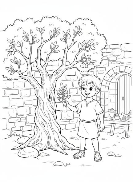 Junger Junge neben einem Olivenbaum, Ausmalbild Olivenbaum für Sonntagsschulkinder im Alter von 5-12 Jahren.