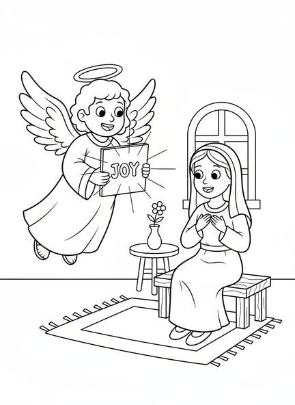 Ángel con mensaje resplandeciente, página para colorear de la Anunciación a María diciendo que sí para niños de 5 a 10 años.