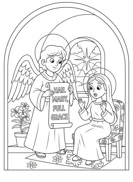 Engel Gabriel, Ausmalbild zur Verkündigung für Kinder im Alter von 5-10 Jahren