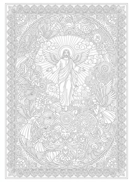 Jesus subindo com nuvens, página para colorir da Ascensão de Jesus em estilo de journaling bíblico para adultos.