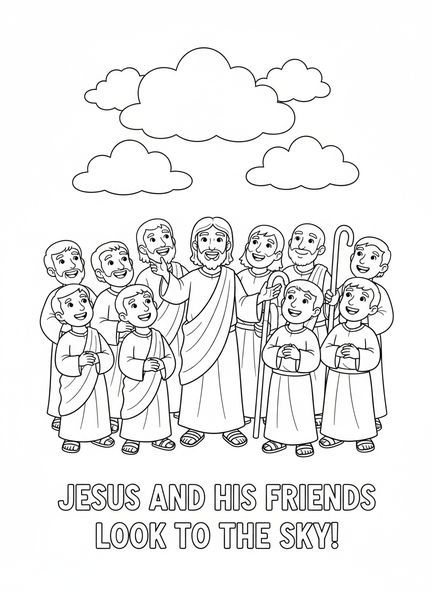 Jesús señalando, página para colorear de la Ascensión de Jesús en las nubes para niños de 5 a 10 años.