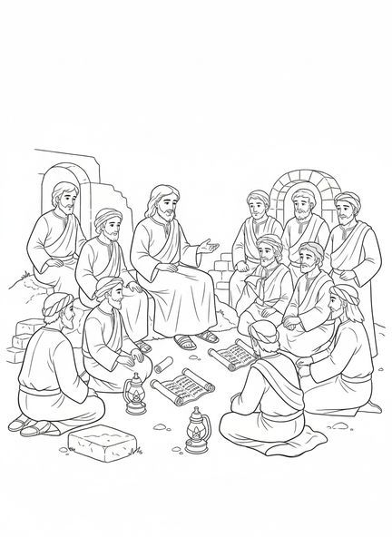 Jesus ensinando os discípulos, página de colorir da Ascensão de Jesus nas Nuvens para crianças da Escola Dominical de 5 a 12 anos.