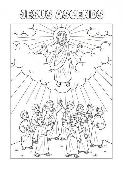 Jesus subindo ao céu, página de colorir da Ascensão de Jesus para crianças de 5 a 10 anos