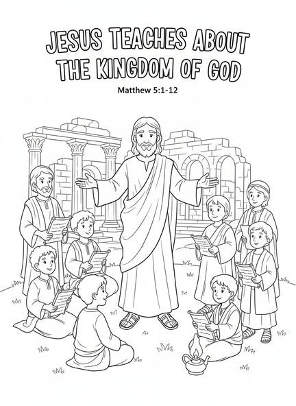 Jesus ensinando os discípulos, página para colorir da Ascensão de Jesus para crianças da Escola Dominical de 5 a 12 anos.