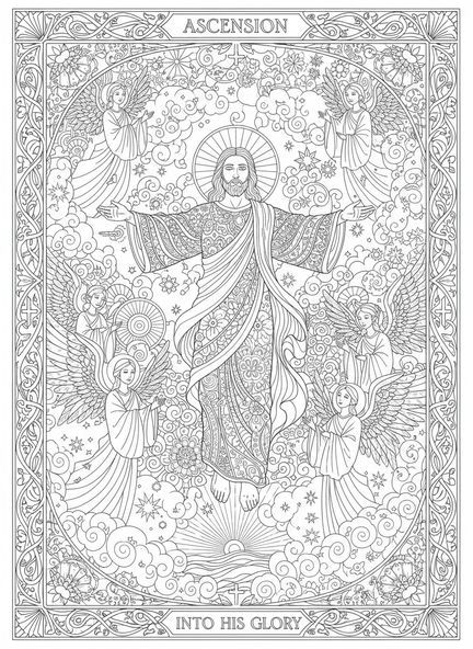 Jésus s'élevant dans le ciel, page à colorier de l'Ascension pour adultes dans un style de journal biblique.