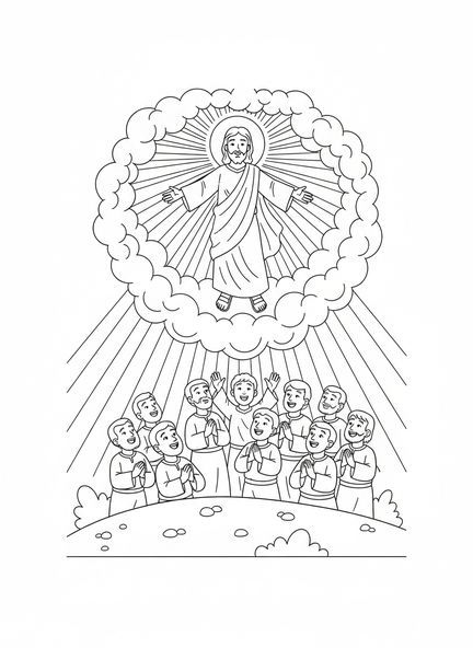 Jesus subindo ao céu, página para colorir sobre a Ascensão para crianças de 5 a 10 anos.