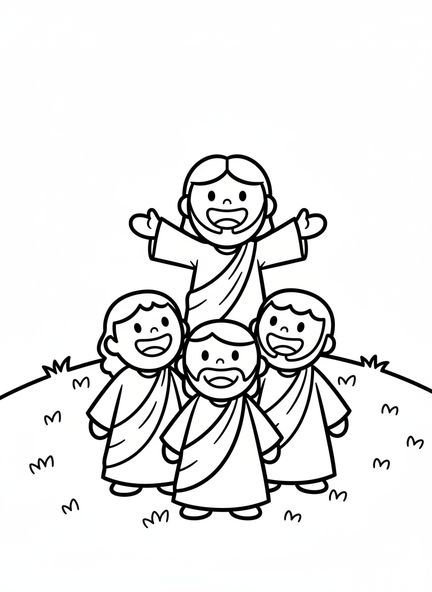 Grupo de discípulos sonrientes, página para colorear de la Ascensión para niños de 3 a 5 años.