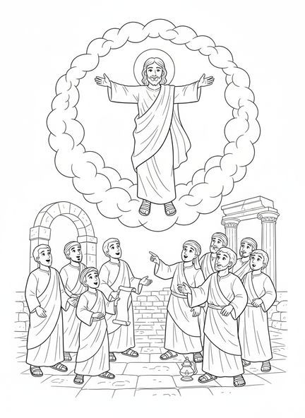 Jésus s'élevant vers les nuages, page à colorier sur l'Ascension pour les enfants de l'École du dimanche âgés de 5 à 12 ans
