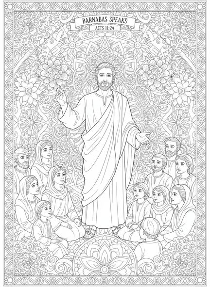 Barnabas ermutigt Freunde, Ausmalbild von Barnabas im Stil des Bibeljournaling für Erwachsene.