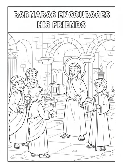 Barnabas ermutigt Freunde, Ausmalbild von Barnabas für die Sonntagsschule für Kinder im Alter von 5-12 Jahren.