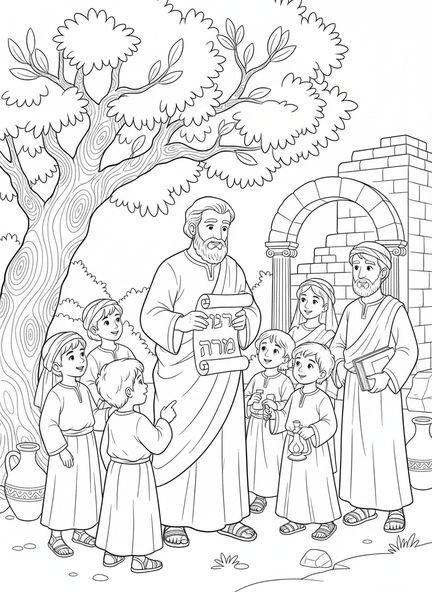 Bartolomé conversando con espectadores, página para colorear del Apóstol Bartolomé para niños de Escuela Dominical de 5 a 12 años.