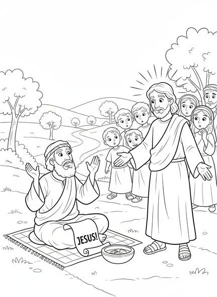Bartimée l'aveugle appelant, page à colorier Bartimée l'aveugle pour les enfants de 5 à 10 ans