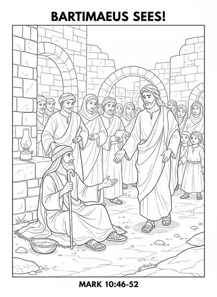 Bartimée assis au bord de la route, page à colorier de Bartimée aveugle pour les enfants de l'École du dimanche âgés de 5 à 12 ans.