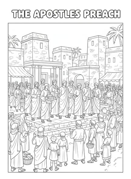 Apóstoles predicando a una multitud, página para colorear del Libro de los Hechos para niños de Escuela Dominical de 5 a 12 años.