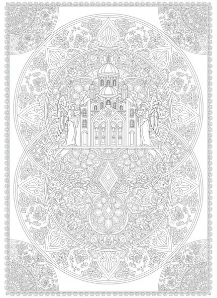Puertas celestiales con ángeles, página para colorear del Libro de Apocalipsis estilo journaling bíblico para adultos.