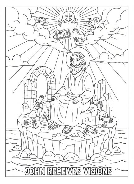 João recebendo visões, página para colorir do Livro de Apocalipse para crianças da Escola Dominical de 5 a 12 anos
