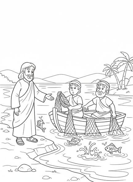 Jesus ruft Fischer, Ausmalbild für Kinder im Alter von 5-10 Jahren