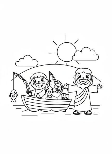 Dos discípulos sonrientes, página para colorear de Llamando a los Discípulos para niños de 3 a 5 años