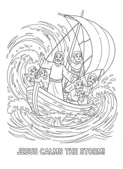 Jesús en la barca, Calmando la Tormenta Jesús Reprendiendo el Viento página para colorear para niños de 5 a 10 años