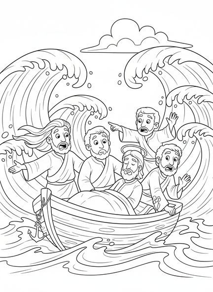 Jésus dormant dans le bateau, Apaisant la Tempête Page à colorier Jésus dormant dans le bateau pour les enfants de 5 à 10 ans