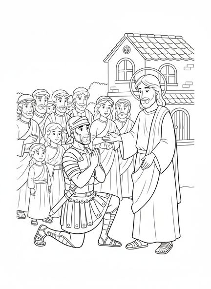 Centurión arrodillado, página para colorear de la fe del centurión para niños de 5 a 10 años.