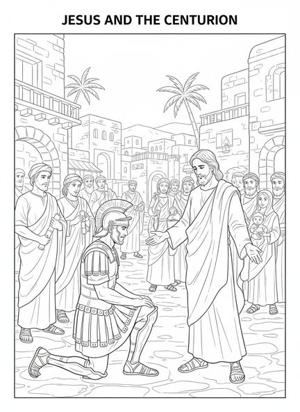 Centurião romano ajoelhado, página para colorir sobre a fé do centurião para crianças da Escola Dominical de 5 a 12 anos.