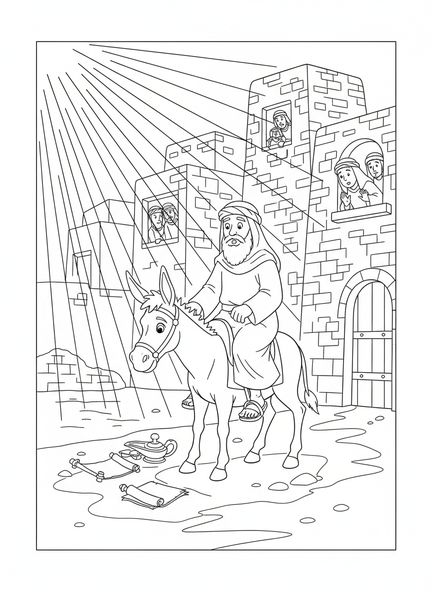 Saul montado em um burro, página de colorir da Cidade de Damasco para crianças da Escola Dominical de 5 a 12 anos.
