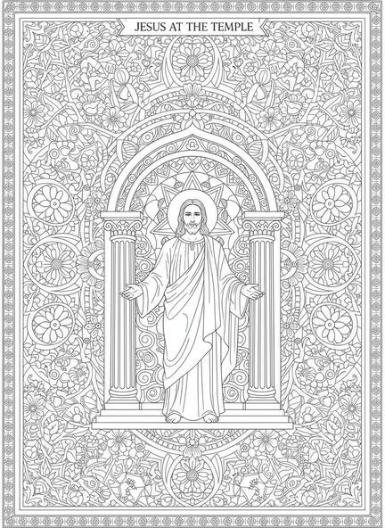 Jesús entrando al templo, página para colorear de la Purificación del Templo estilo journaling bíblico para adultos