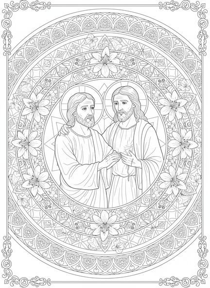 Thomas touchant le Christ, page à colorier de la scène de Thomas le douteux pour le style de journal biblique pour adultes.