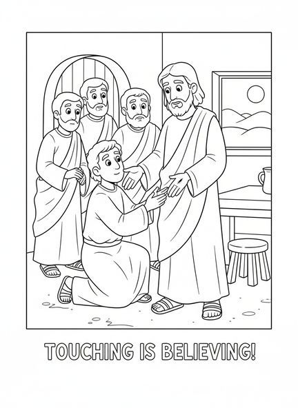 Saint Thomas le douteux tend la main pour toucher Jésus, page à colorier sur Saint Thomas pour les enfants de 5 à 10 ans.
