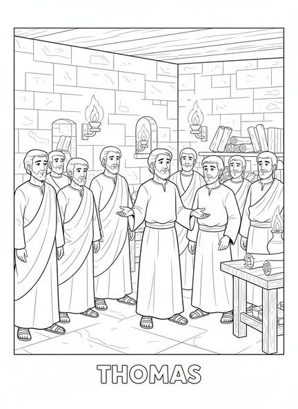 Thomas, der Zweifel hat, Ausmalbild von dem zweifelnden Thomas für die Sonntagsschule für Kinder im Alter von 5-12 Jahren