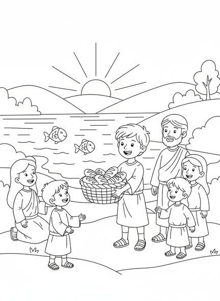 Jeune garçon partageant du pain, page à colorier Nourrir 5000 Garçon Avec Pains Et Poissons pour enfants de 5 à 10 ans.