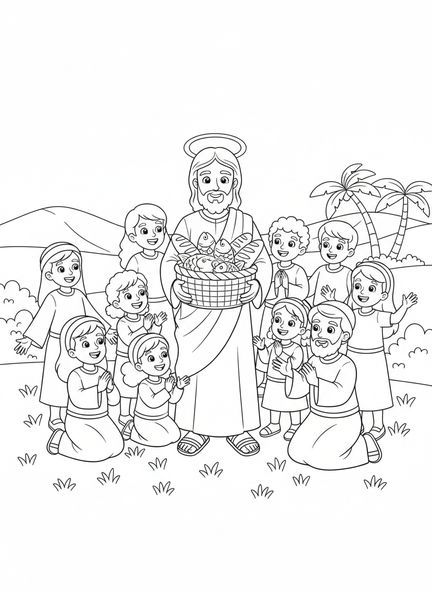 Jesus mit einem Korb, Speisung der 5000 - Ausmalbild für Kinder im Alter von 5-10 Jahren