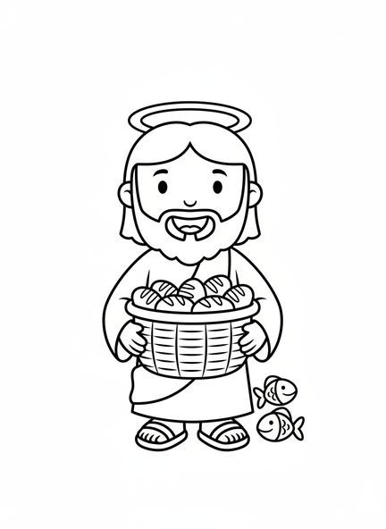 Jesús sosteniendo una canasta, página para colorear de la alimentación de 5000 para niños en edad preescolar de 3 a 5 años.