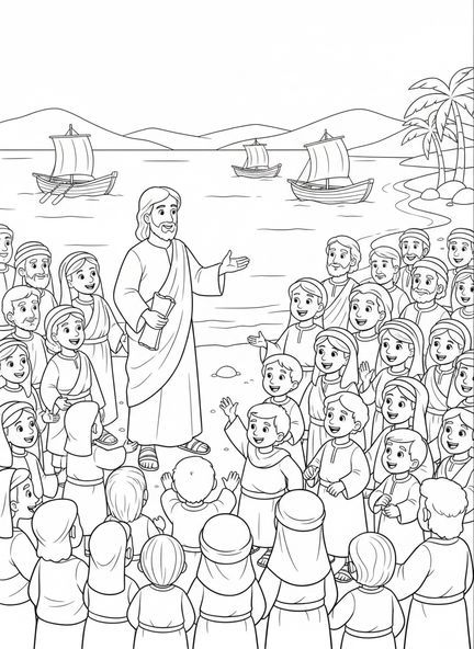 Jesus lehrt eine Menschenmenge, Ausmalbild Fische der Menschen für Kinder im Alter von 5-10 Jahren