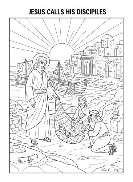 Jesus ruft Jünger, Ausmalbild für die Sonntagsschule für Kinder im Alter von 5-12 Jahren