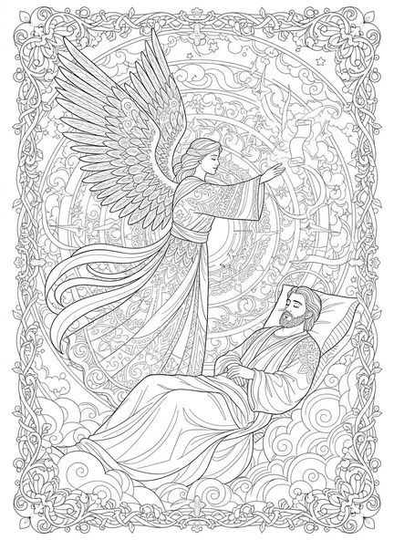 Anjo guiando José, página de colorir sobre a Fuga para o Egito no estilo de journaling bíblico para adultos.