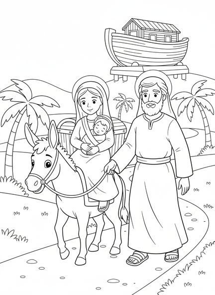 Esel trägt Maria und Josef, Auszug nach Ägypten Malvorlage für Kinder im Alter von 5-10 Jahren