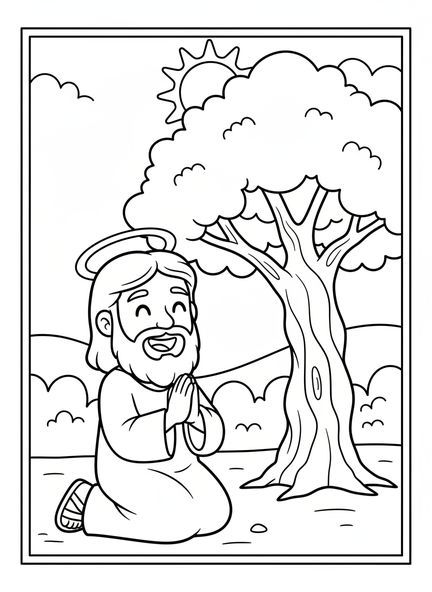 Página para colorear de Jesús sonriendo en Getsemaní para niños de 3 a 5 años