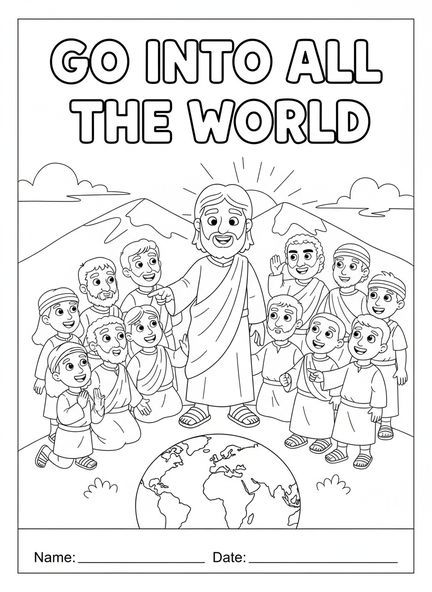 Jesús señalando, página para colorear de la Gran Comisión para niños de 5 a 10 años.