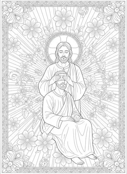 Jésus touchant un homme aveugle, page à colorier sur la guérison des aveugles pour le journal biblique.