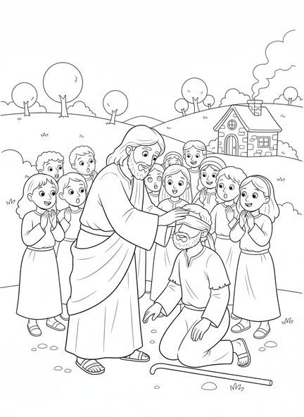 Jésus touchant un homme aveugle, page à colorier Guérison des Aveugles pour enfants de 5 à 10 ans